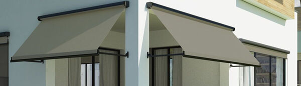 Zwei moderne, beige Markisen spenden Schatten vor großen Fenstern an einer Hausfassade.